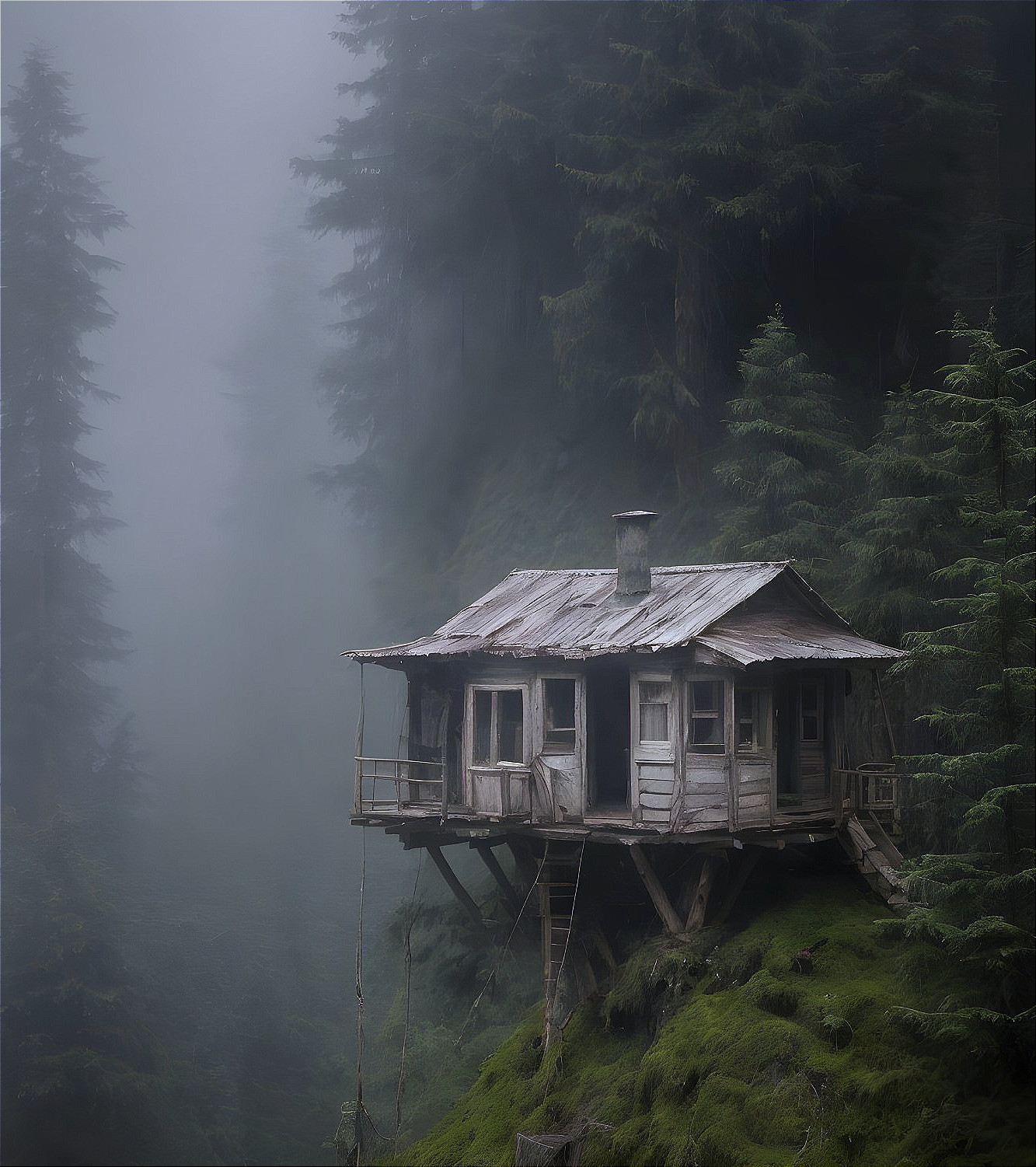 Wooden Cabin on Stilts in Misty Forest Setting