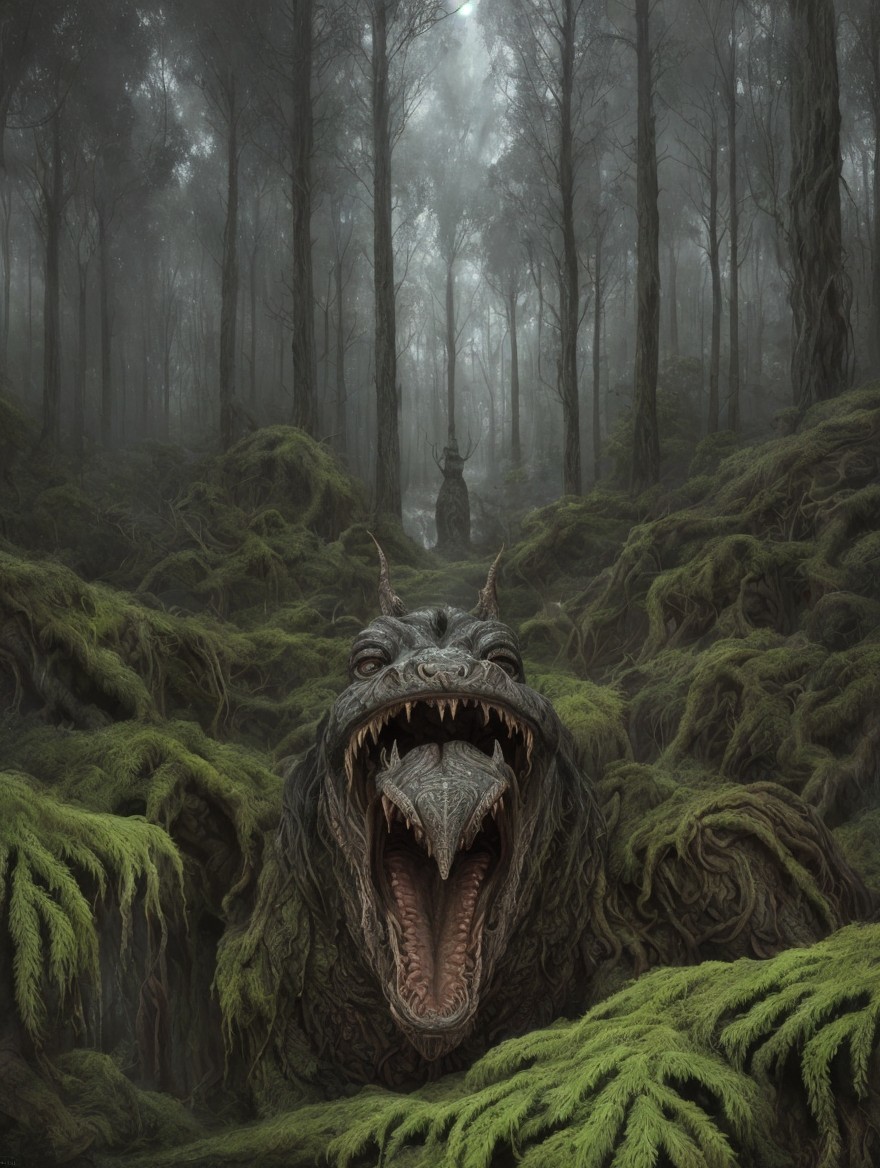 Monstrous Creature in a Foggy Forest Setting