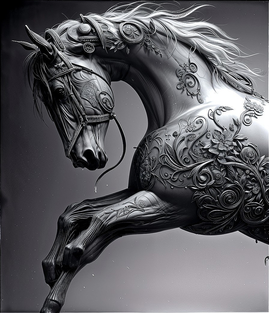Grayscale Horse Design with Intricate Patterns and Motifs