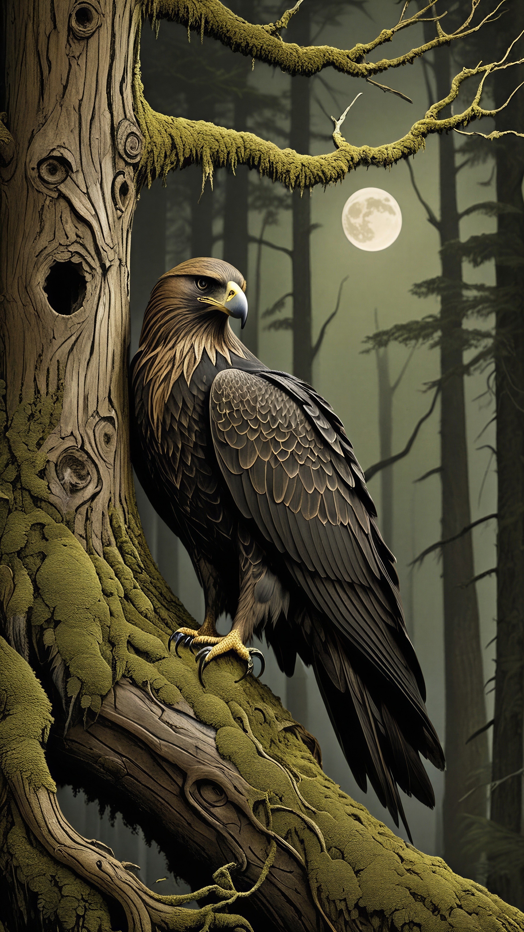 Golden eagle on mossy tree trunk in forest at night