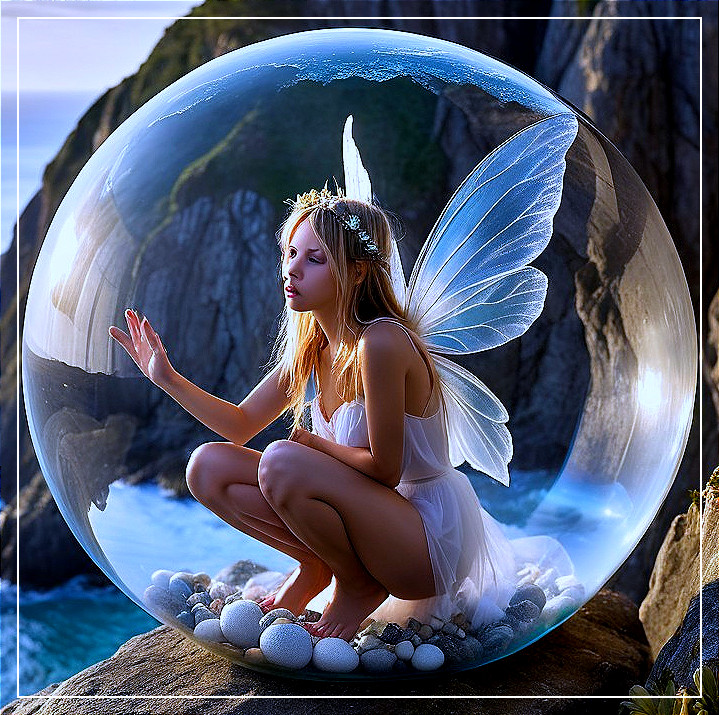 Fairy in Bubble on Cliff Overlooking Ocean Scene