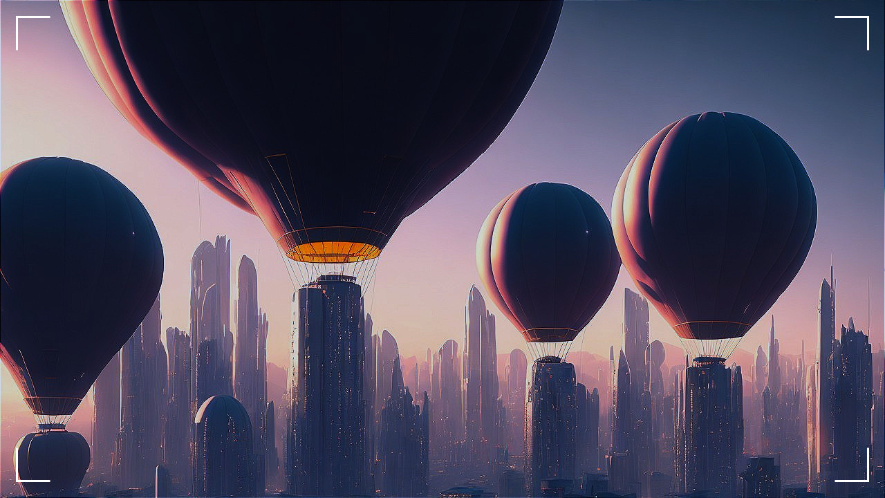 Hot Air Balloons Over a Futuristic Skyline Scene
