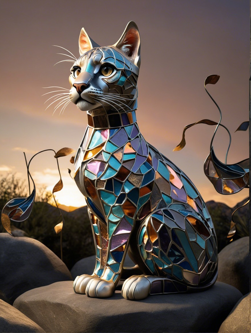 Colorful Stained Glass Cat Statue with Sunset Background