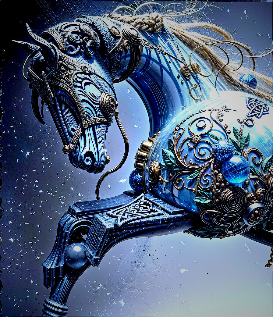 Blue Mechanical Horse with Intricate Metallic Designs
