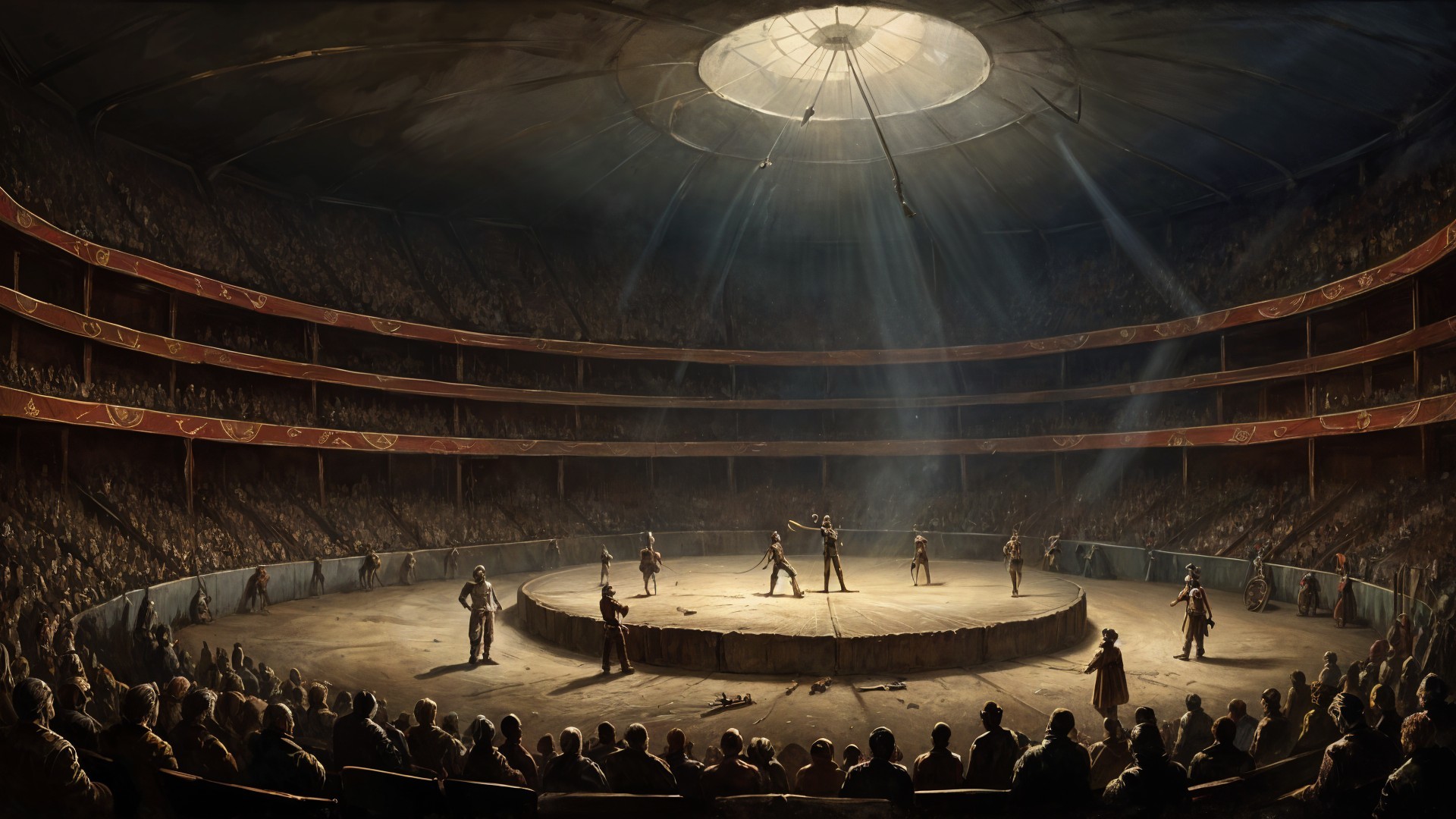 Grand arena scene with illuminated circular stage
