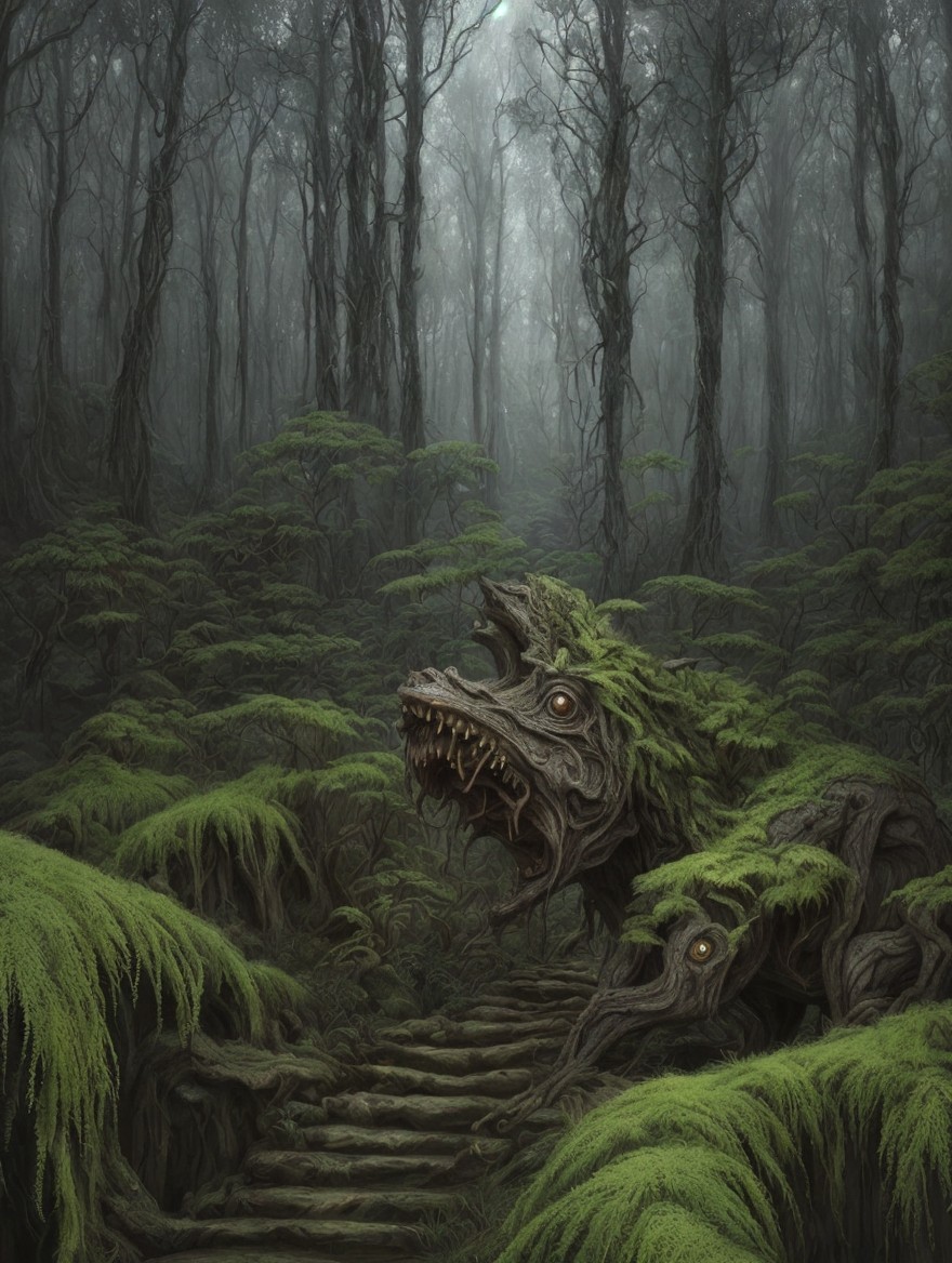 Misty Forest with Ancient Trees and Monstrous Heads