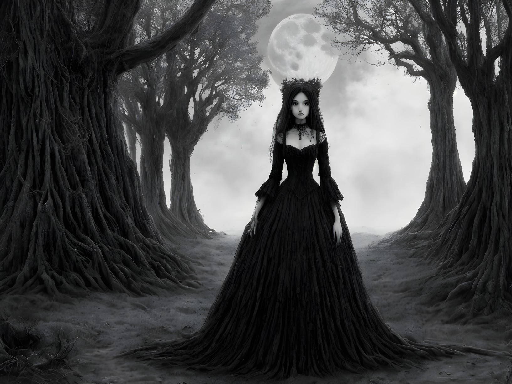 Mysterious Figure in Dark Enchanted Forest Scene