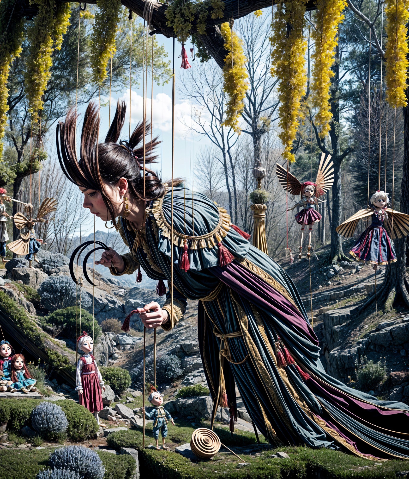 Whimsical Scene of a Towering Figure with Puppets