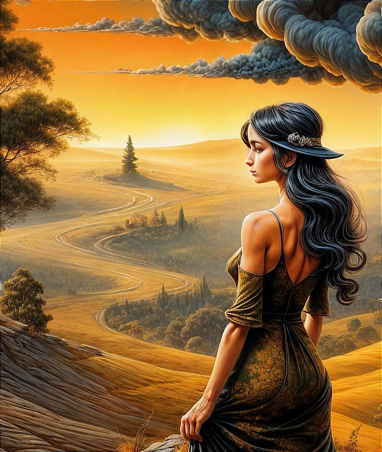 Serene sunset landscape with a woman in a dress