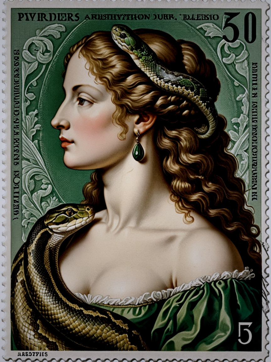 Vintage Illustration of Woman with Snakes and Motif