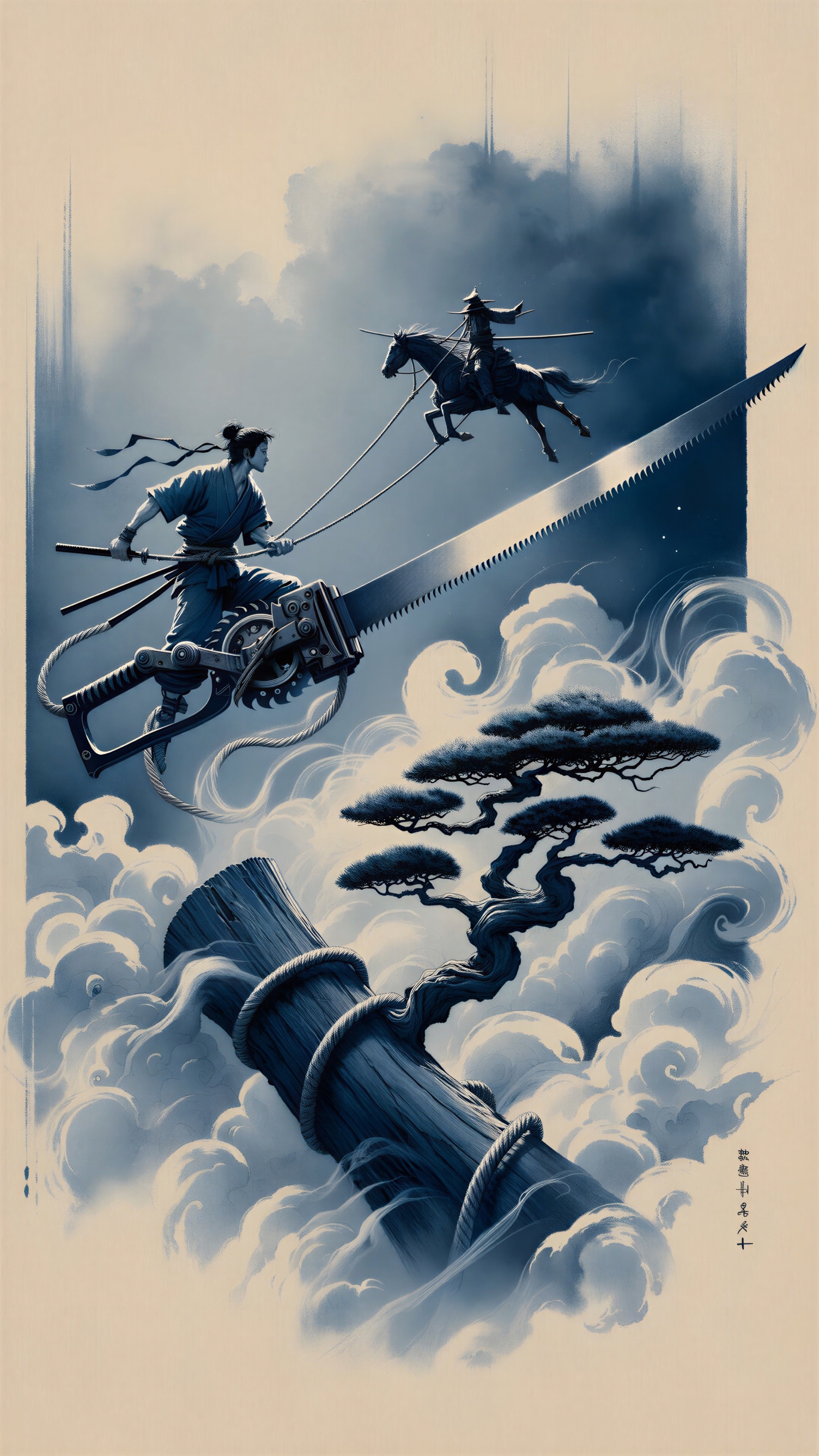 Warrior with Chainsaw on Log Surrounded by Clouds