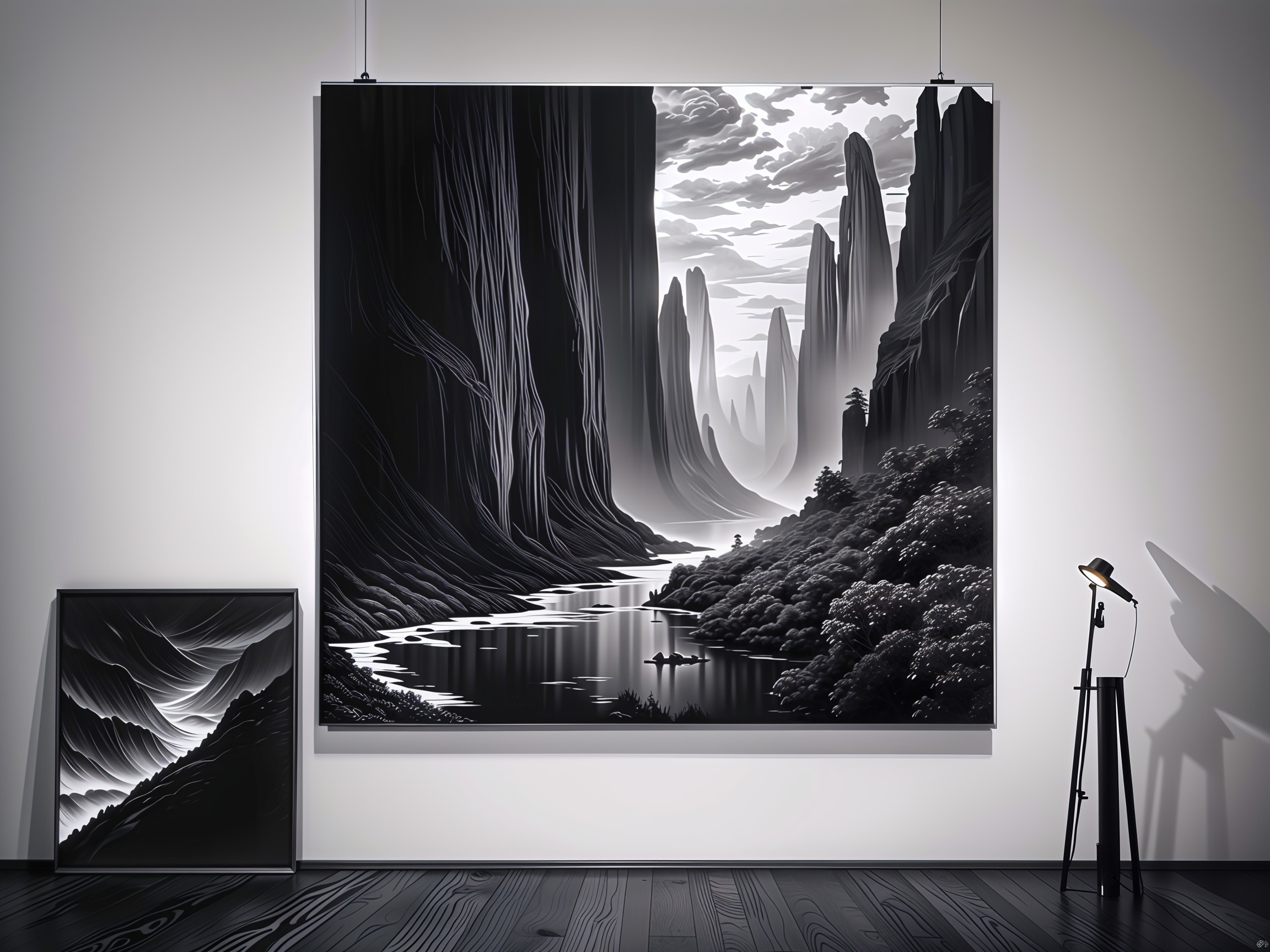 Black and White Landscape Painting of River and Mountains