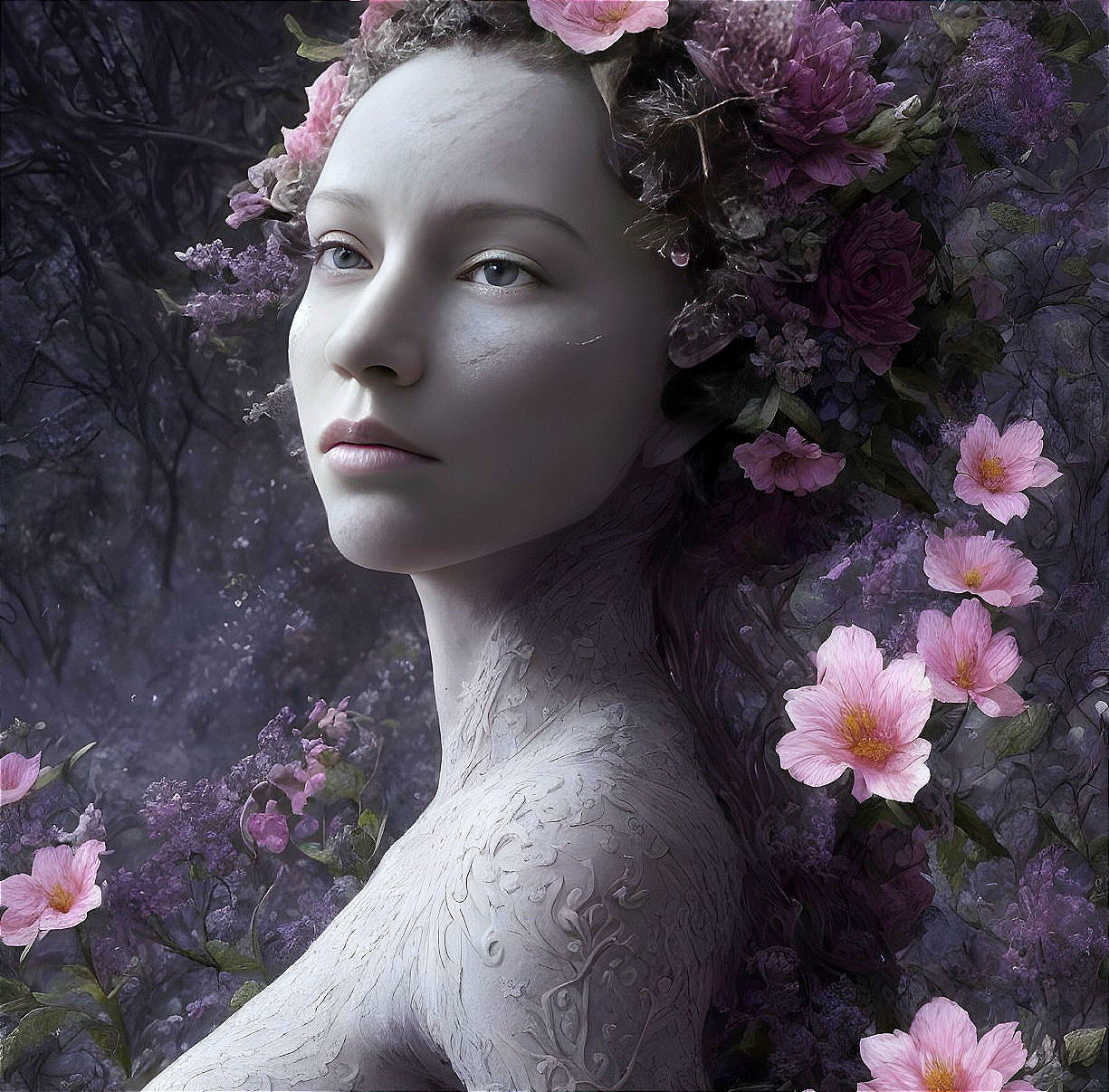 Ethereal figure in floral landscape with tranquil beauty