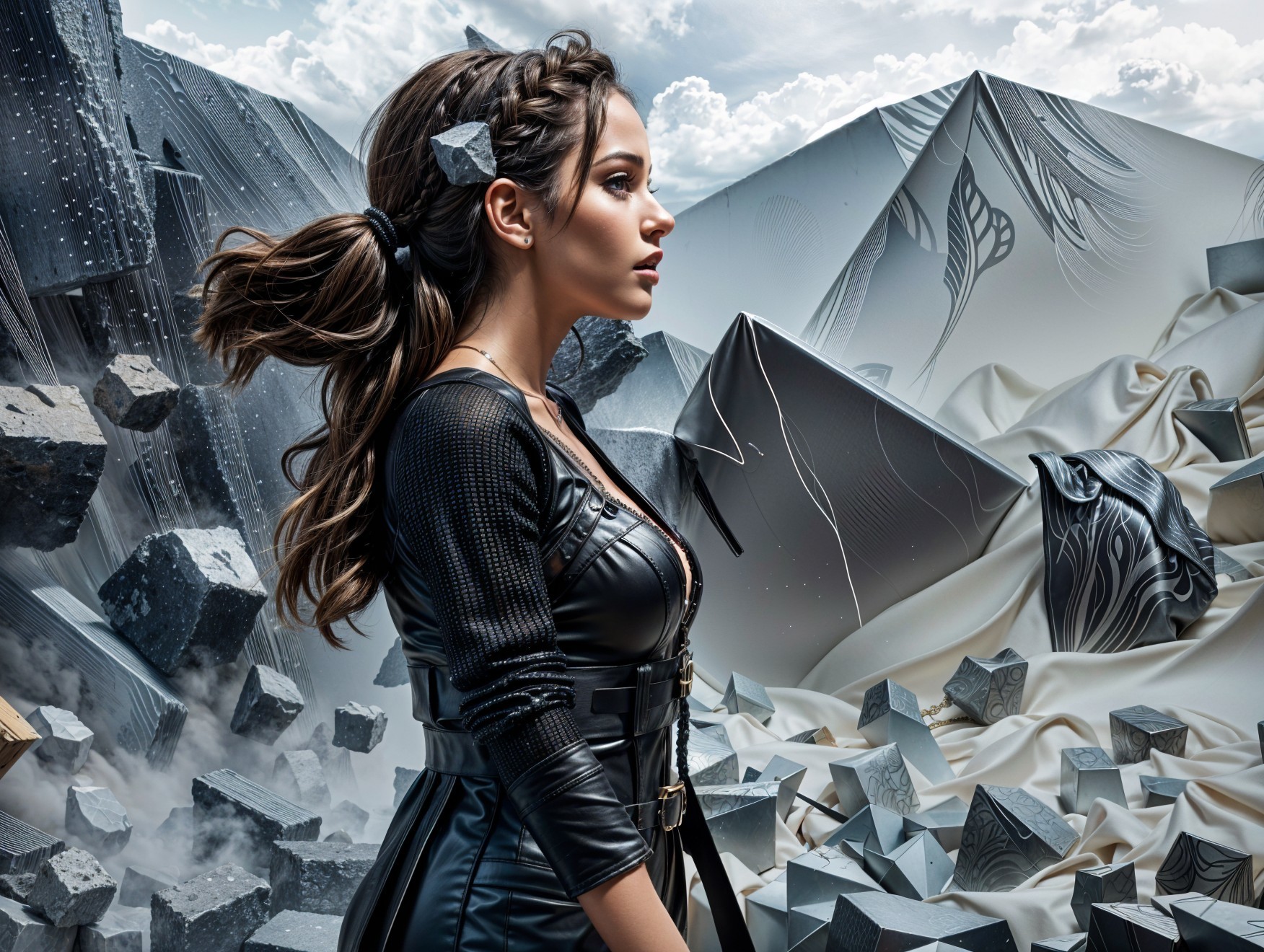 Young Woman in Black Outfit Against Surreal Backdrop