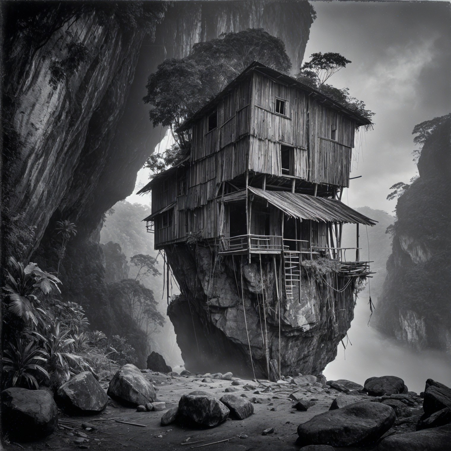 Rustic Wooden House on Rock Formation in Black and White