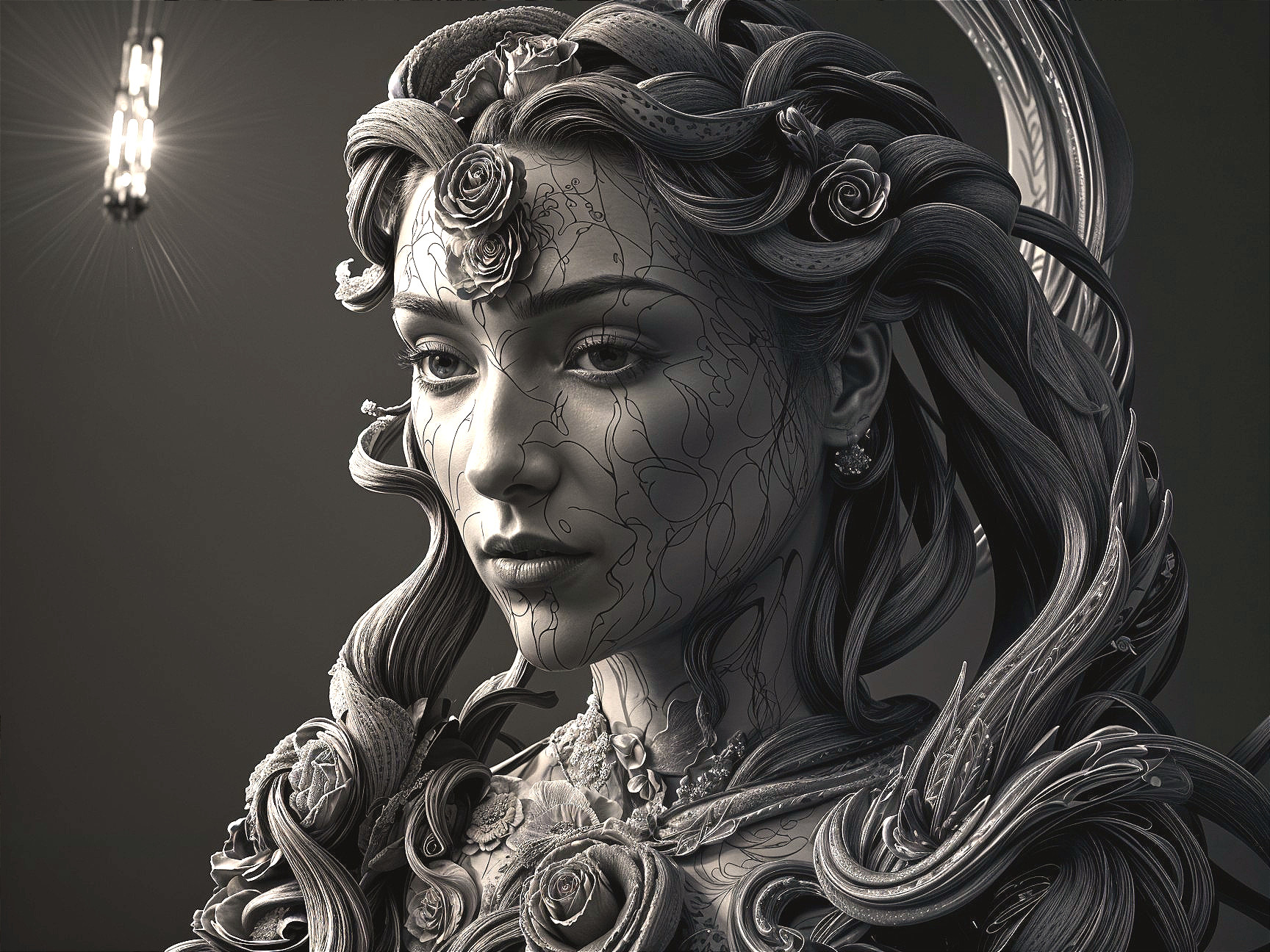 Intricately Carved Serene Woman Statue with Roses