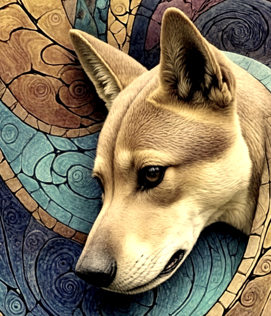 Stylized Dog Head with Intricate Swirls Background