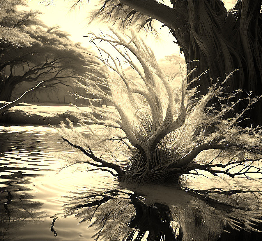 Serene Landscape with Ethereal Trees and Water Reflection