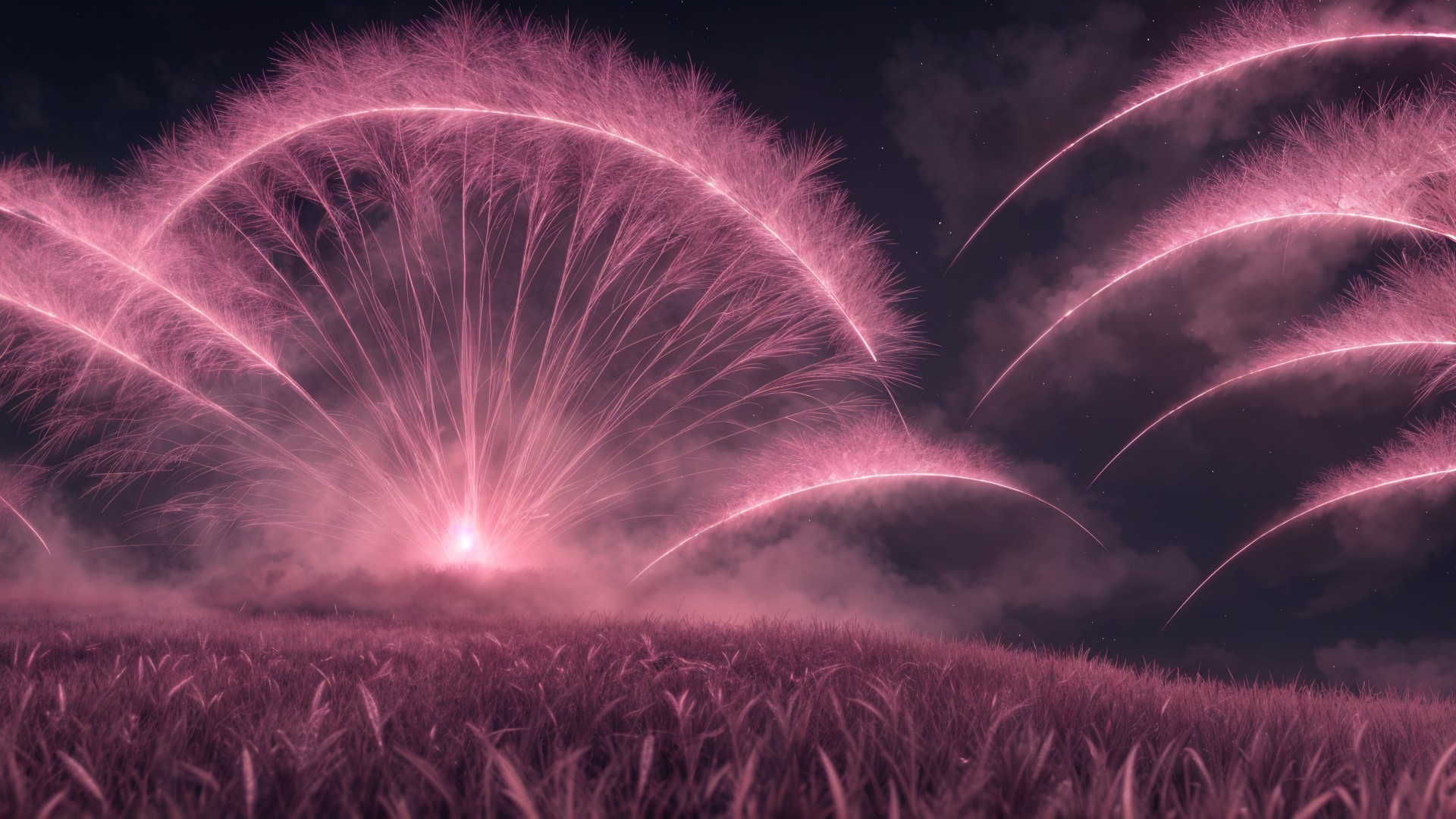 Vibrant Pink Fireworks Illuminate Dark Sky and Clouds