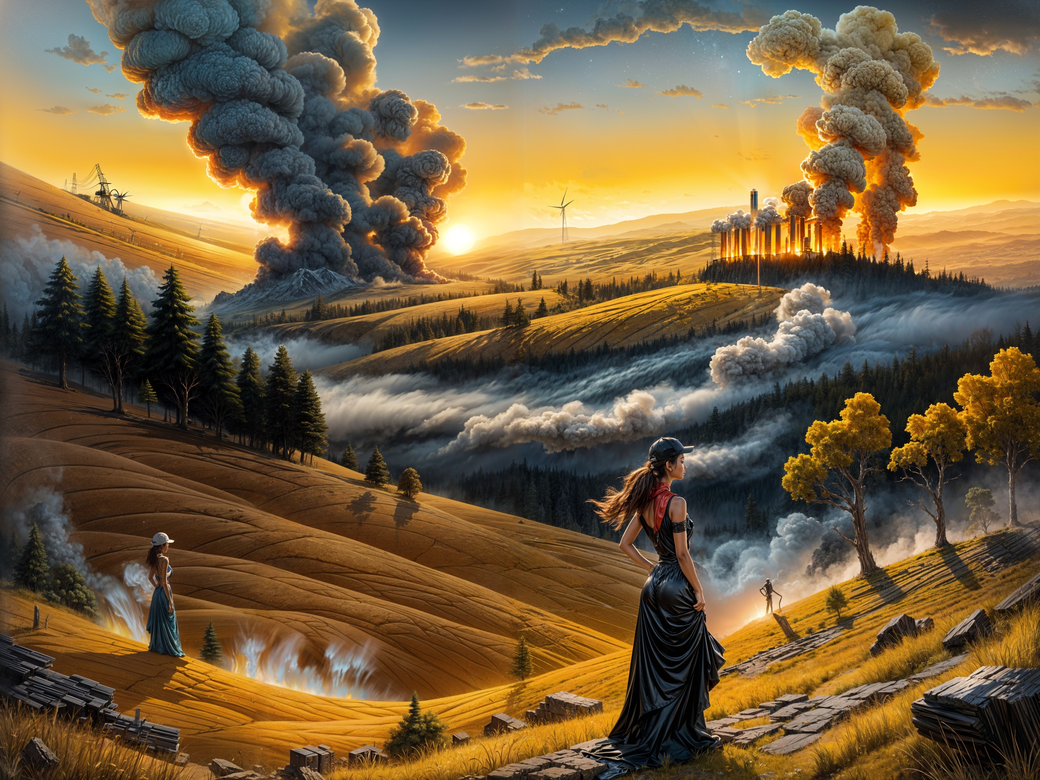 Women in Vintage Dresses Overlooking Industrial Landscape