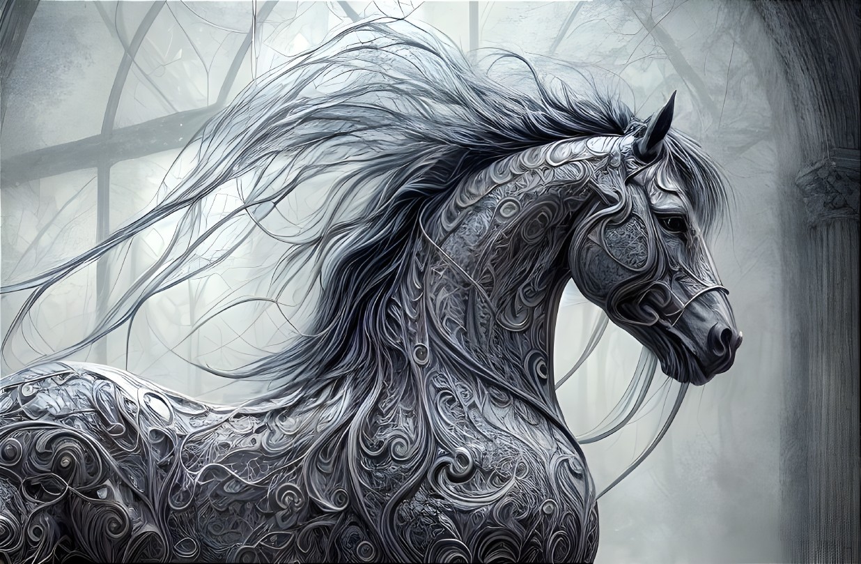 Majestic horse in misty landscape with silver patterns
