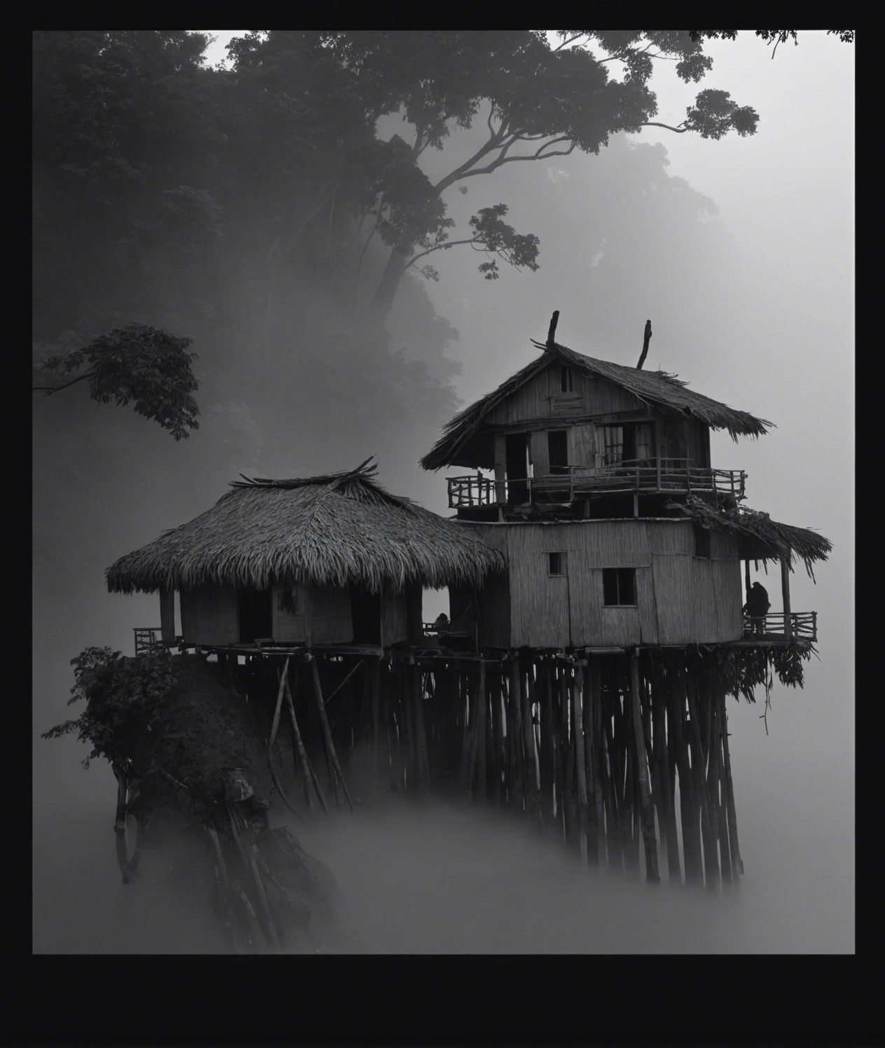 Black and white image of stilt houses in misty landscape