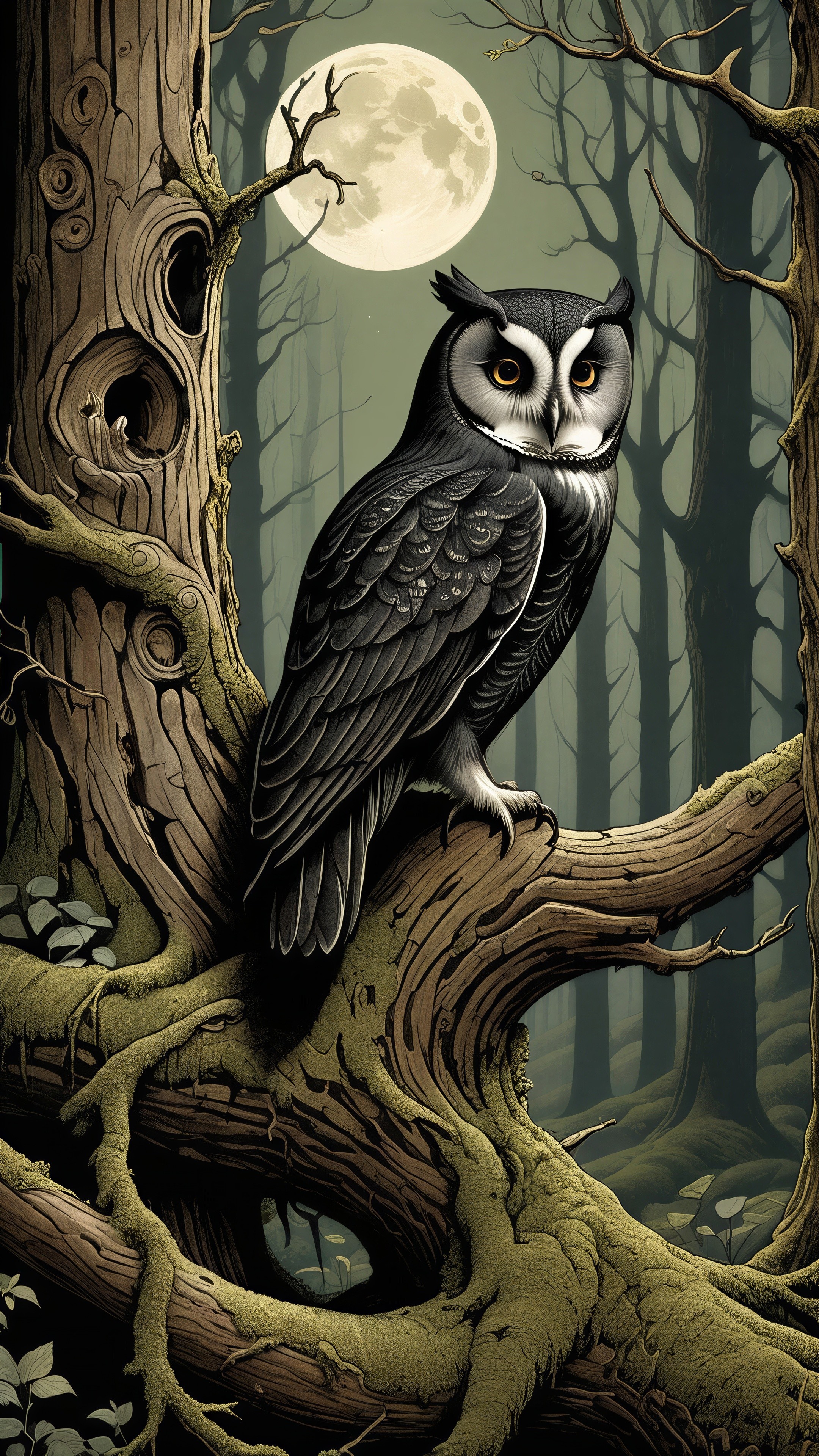 Majestic owl on mossy branch in moonlit forest