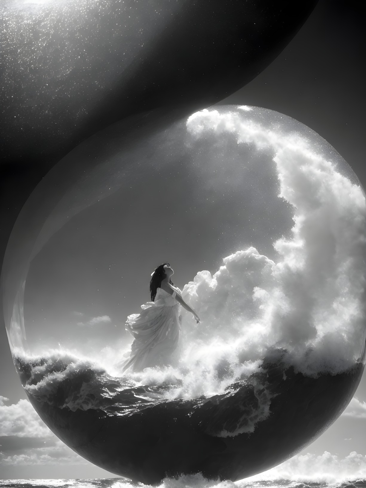 Surreal Scene of Woman in Sphere Amidst Ocean Waves