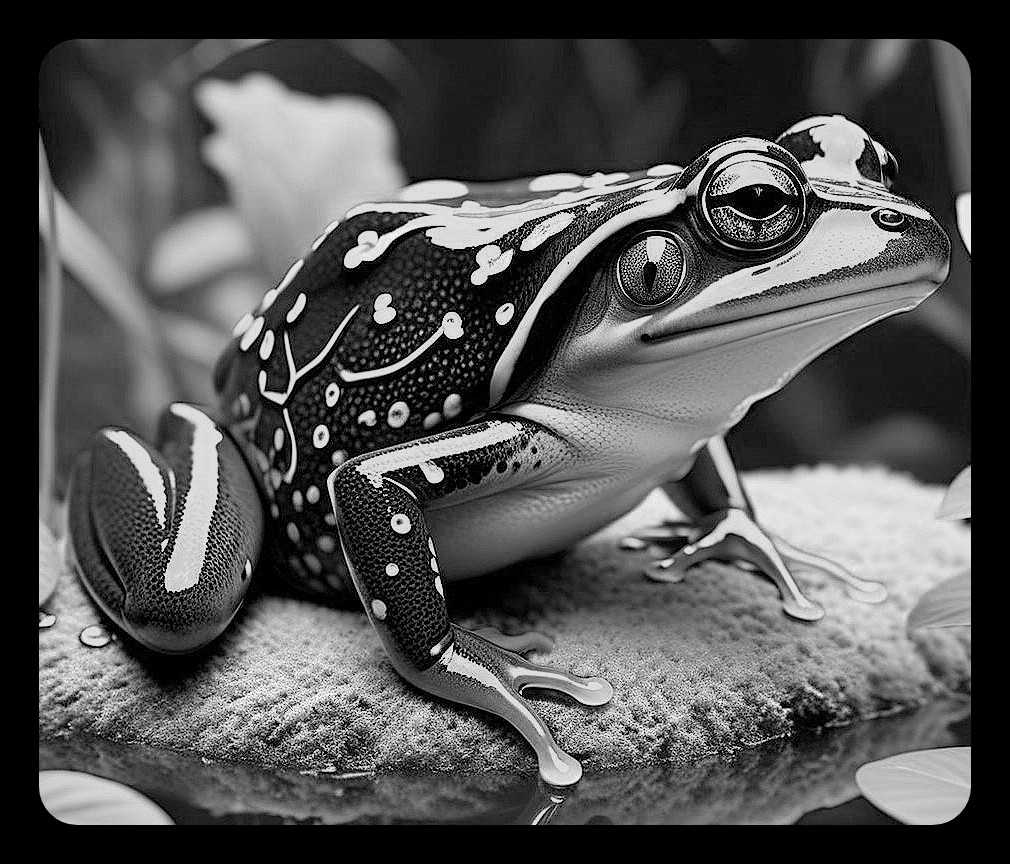 Black-and-White Image of a Frog on Mossy Surface