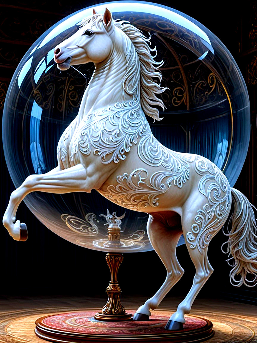 White Horse in Glass Dome with Elegant Backdrop