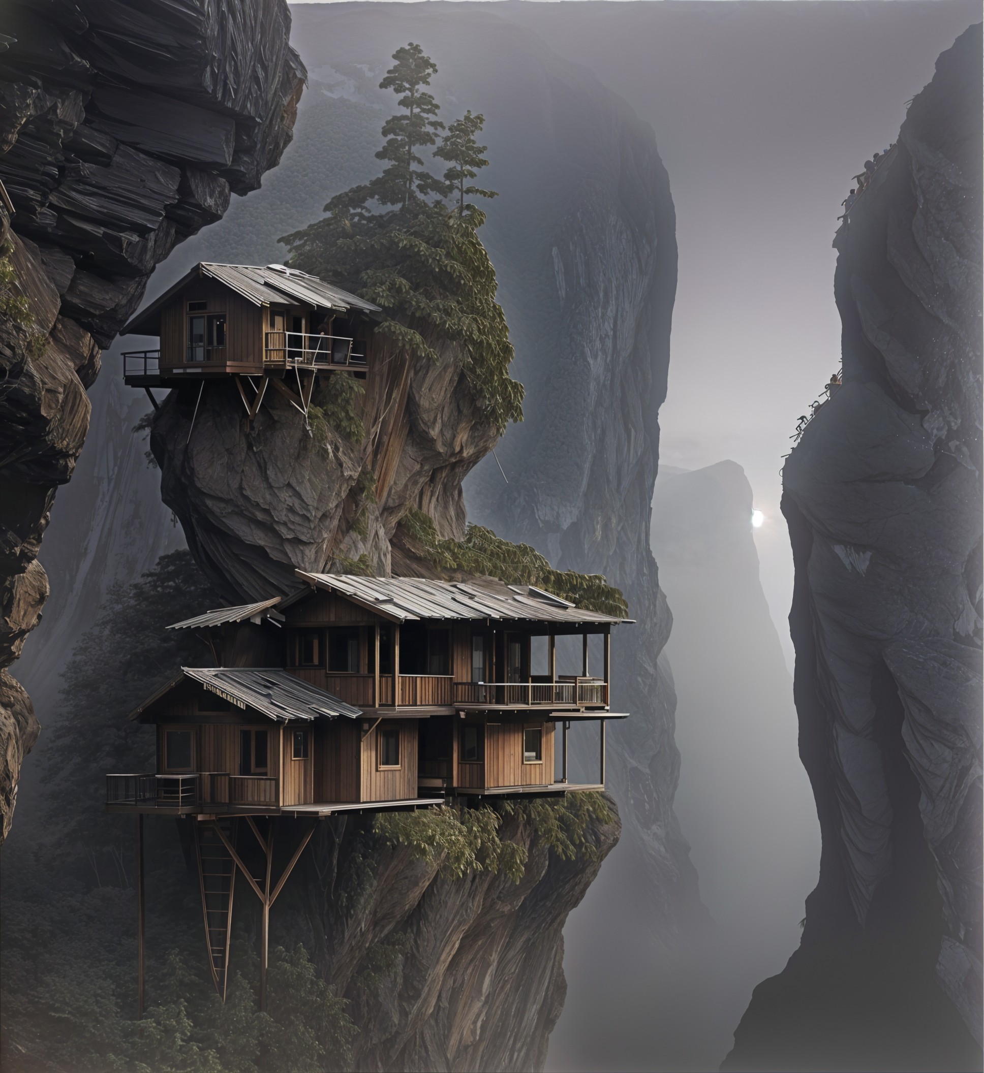 Rustic Wooden Houses on Steep Cliffs with Valley Views