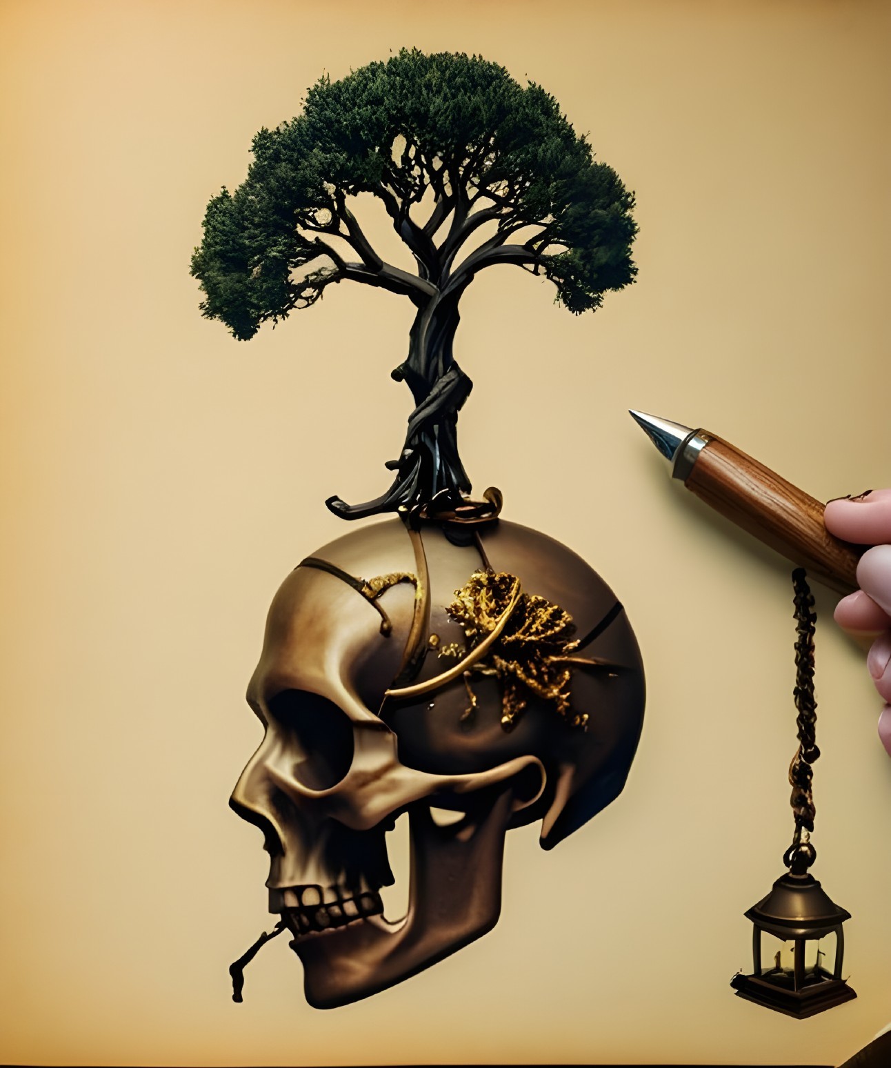 Surreal Skull and Tree Composition with Ornate Details