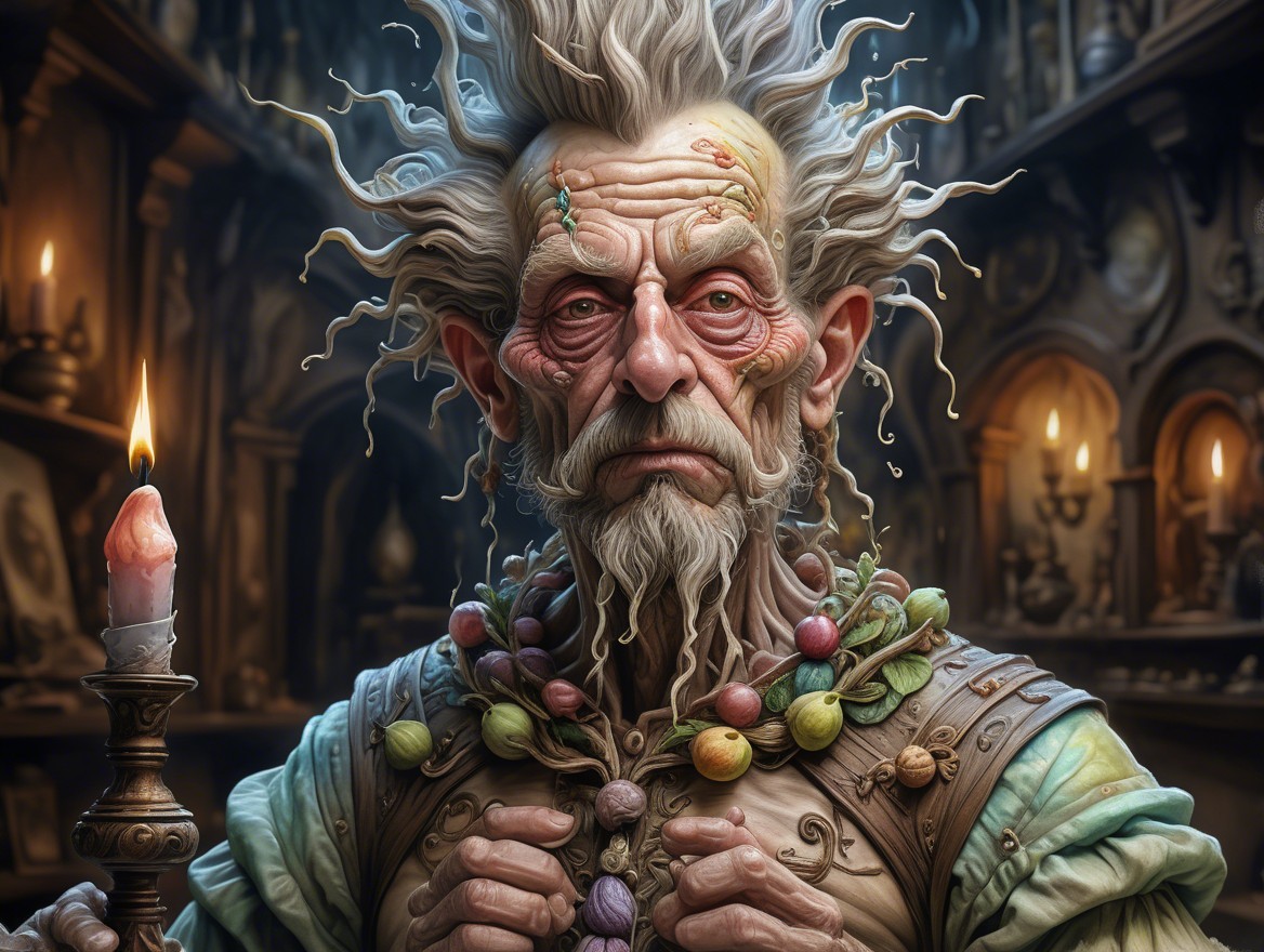 Elderly man with white hair and mystical artifacts