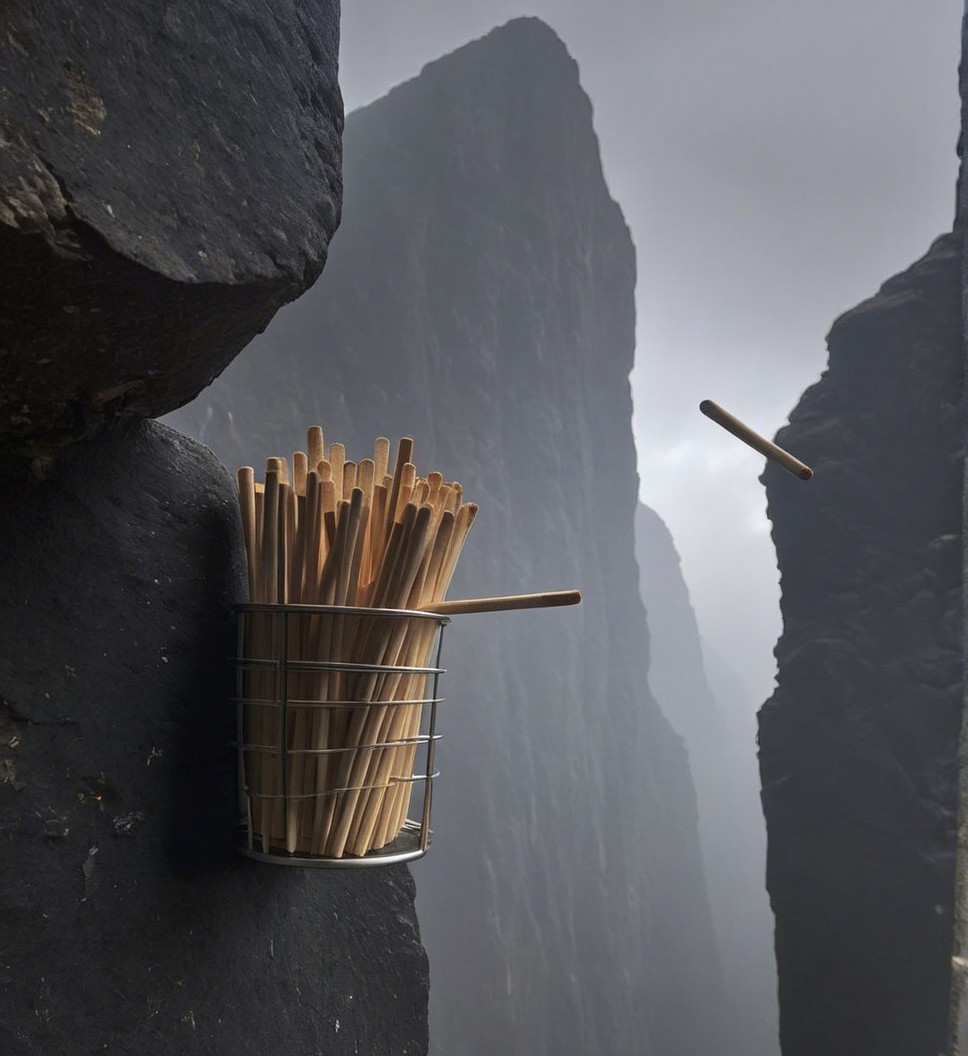 Mist-Shrouded Mountain Landscape with Overflowing Basket