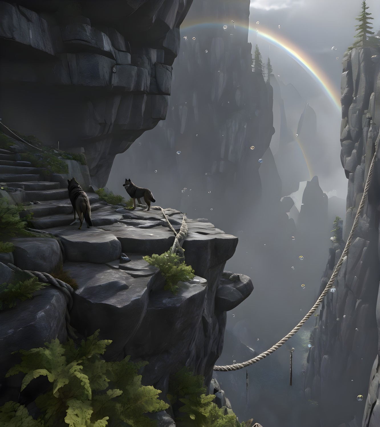 Wolves on Rocky Terrain with Rainbow and Misty Abyss