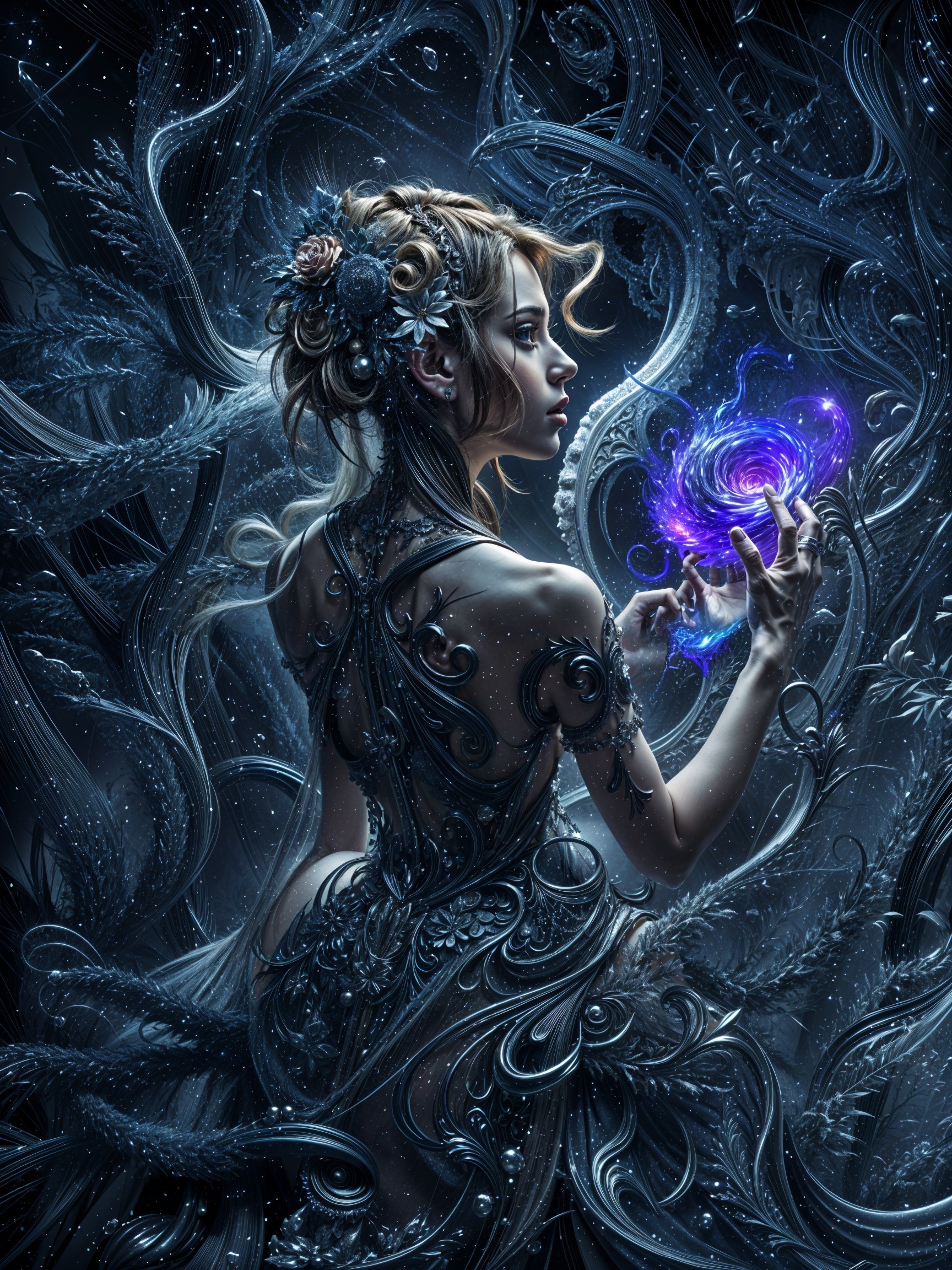 Mystical figure holding a radiant galaxy against darkness