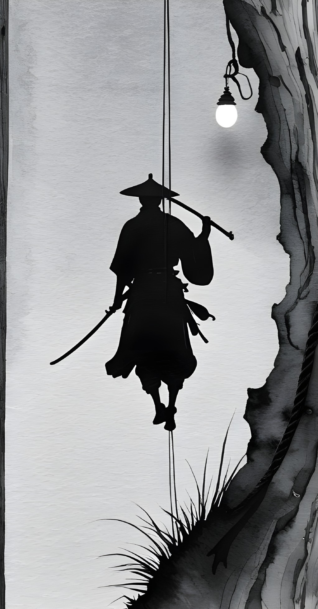 Silhouetted Samurai Figure Near Glowing Light Bulb