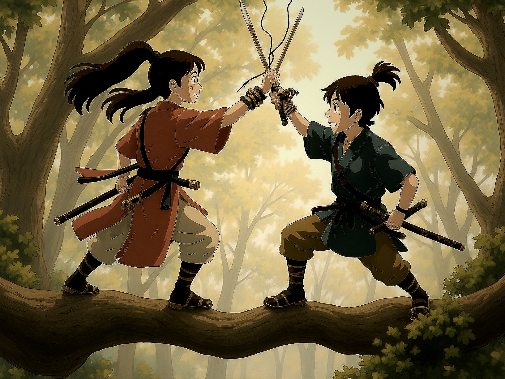 Young Warriors Sparring on Tree Branch in Forest