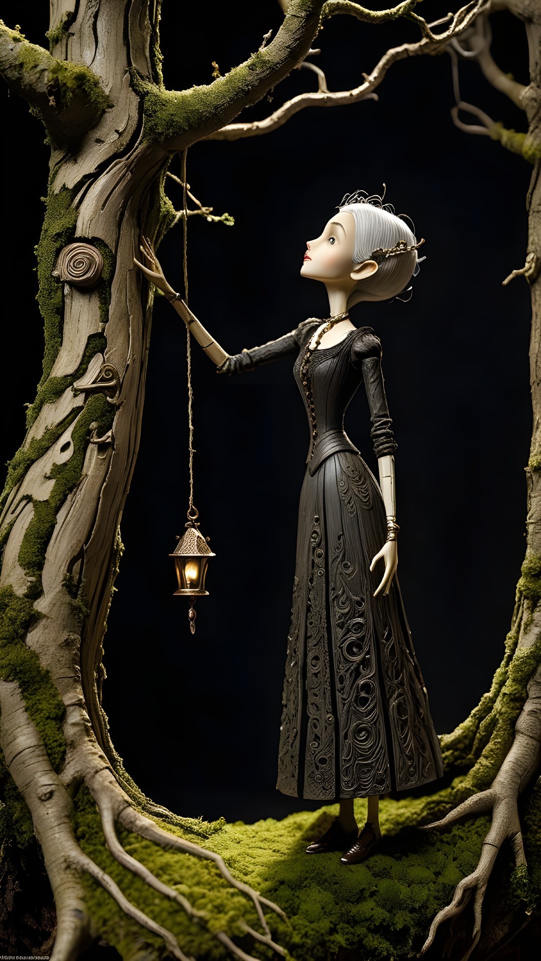 Whimsical Figure in Black Gown Among Gnarled Trees