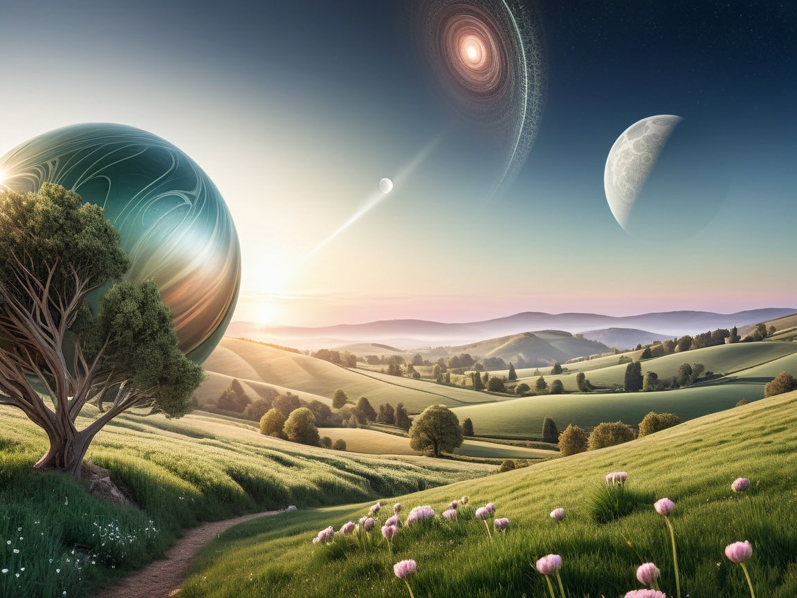 Serene landscape with hills, flowers, and galaxies