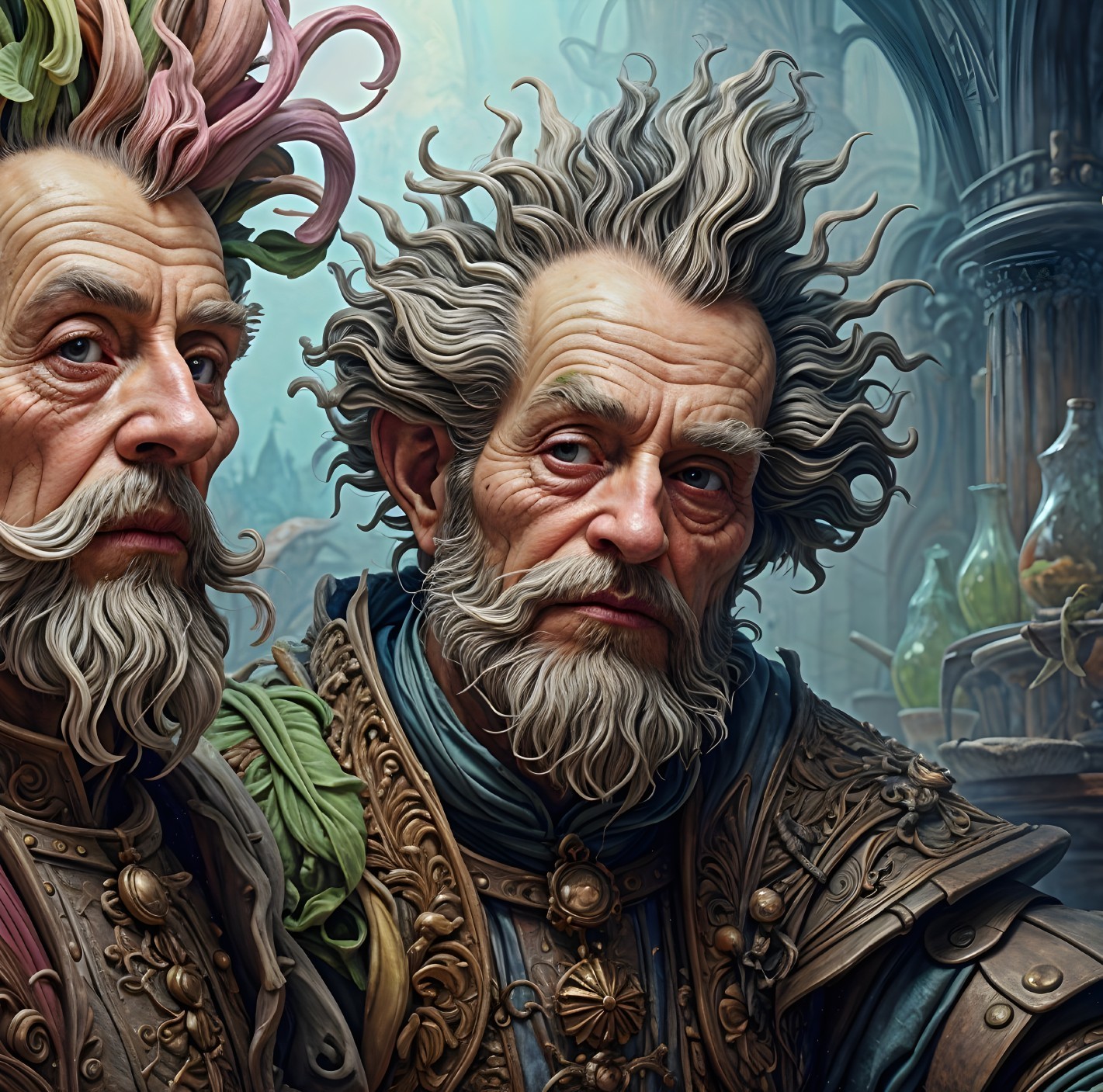 Elderly Men in Ornate Attire in a Whimsical Setting