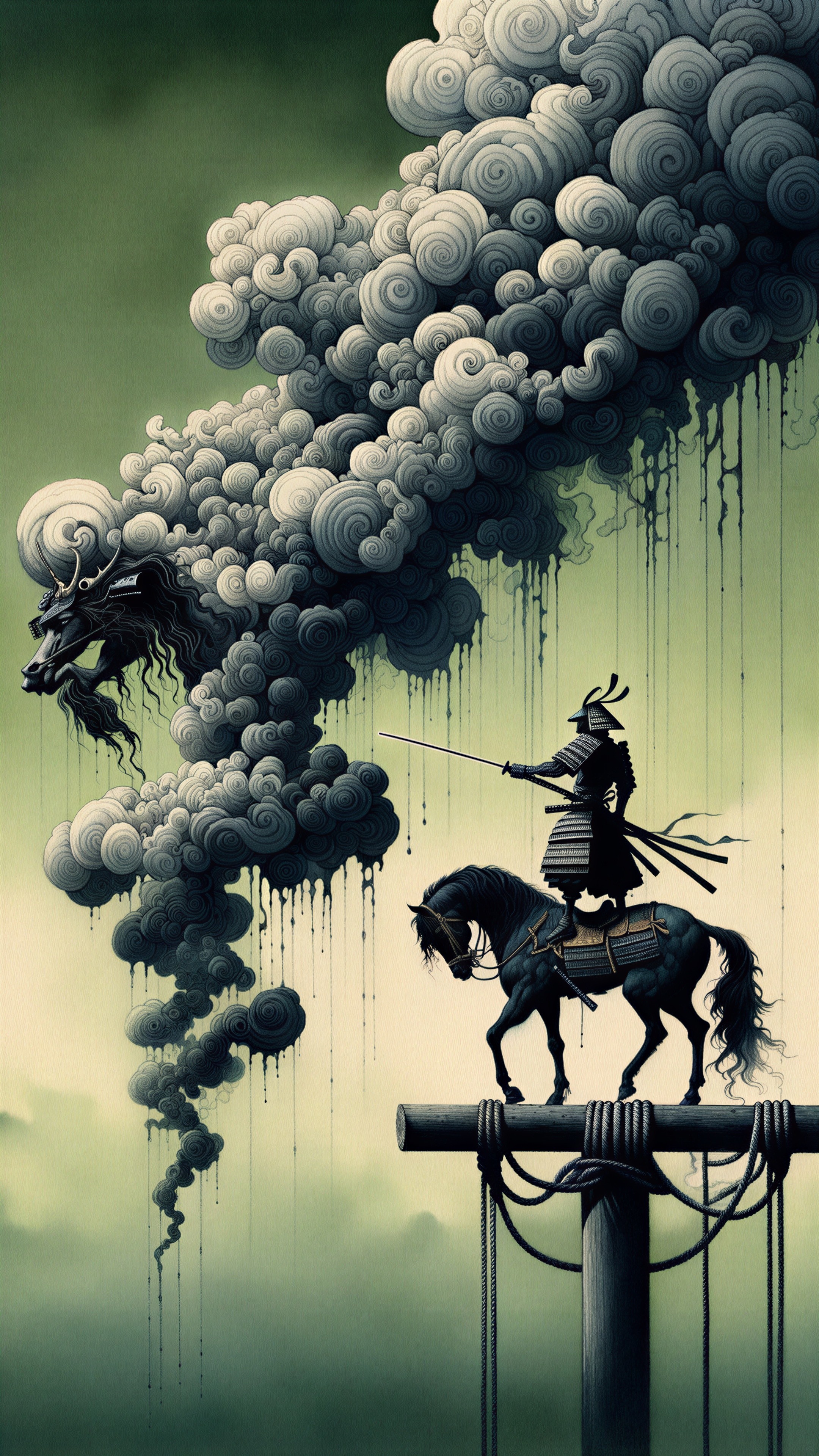Lone Samurai on Horseback Under Dragon-Shaped Clouds