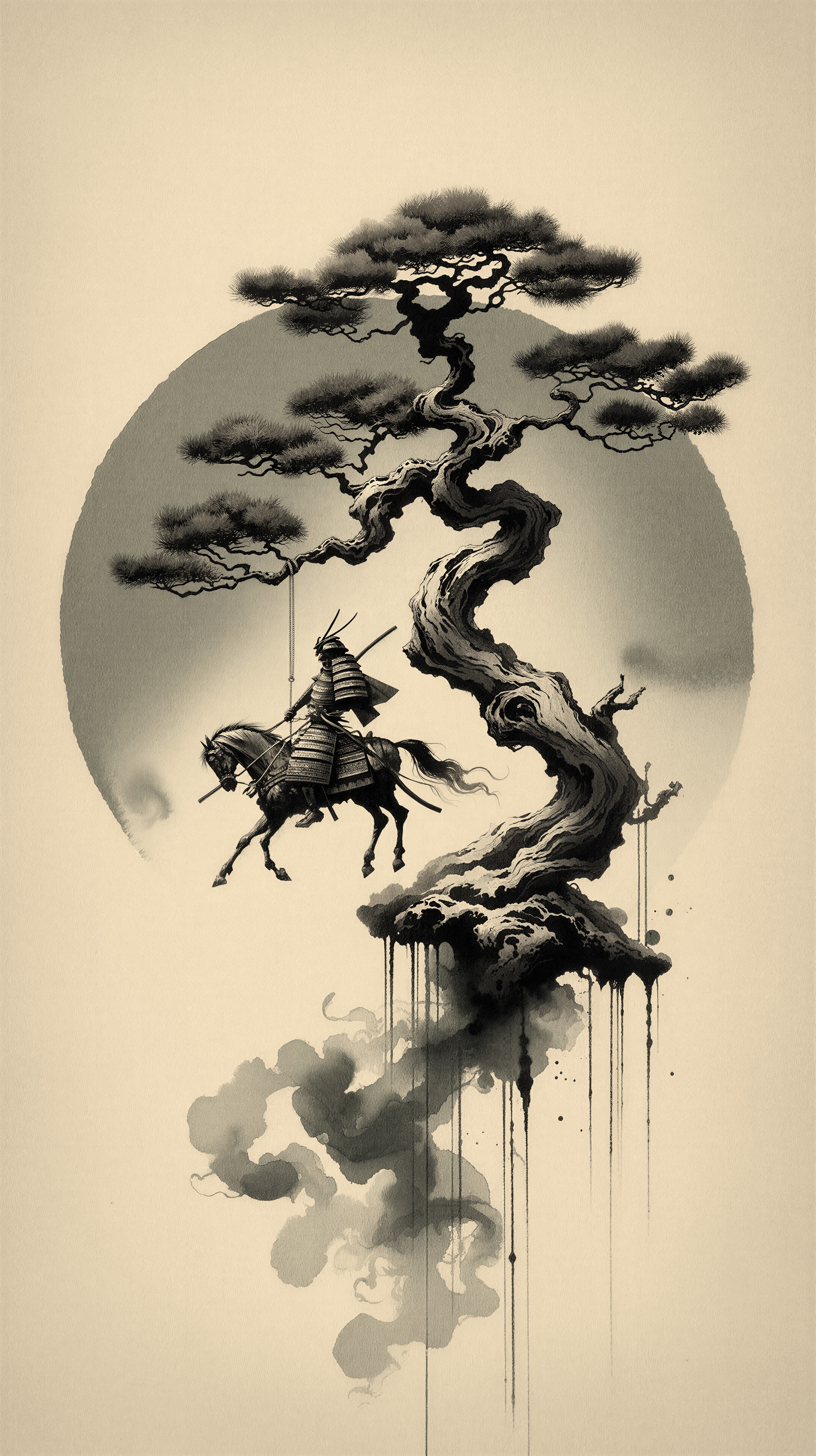 Samurai on Horseback Silhouetted by Ethereal Moon
