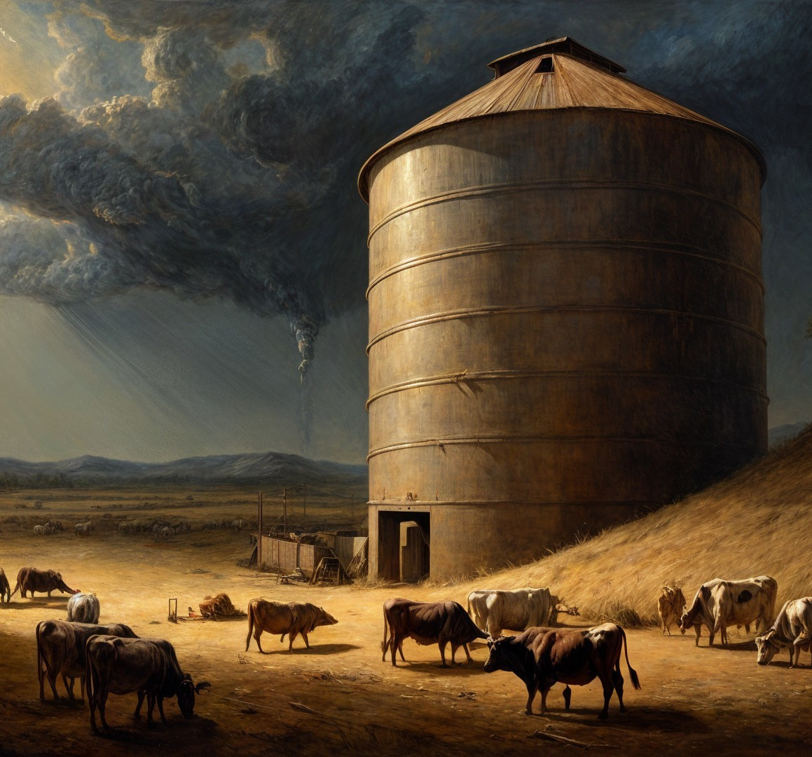 Rustic Landscape with Silos and Grazing Cows