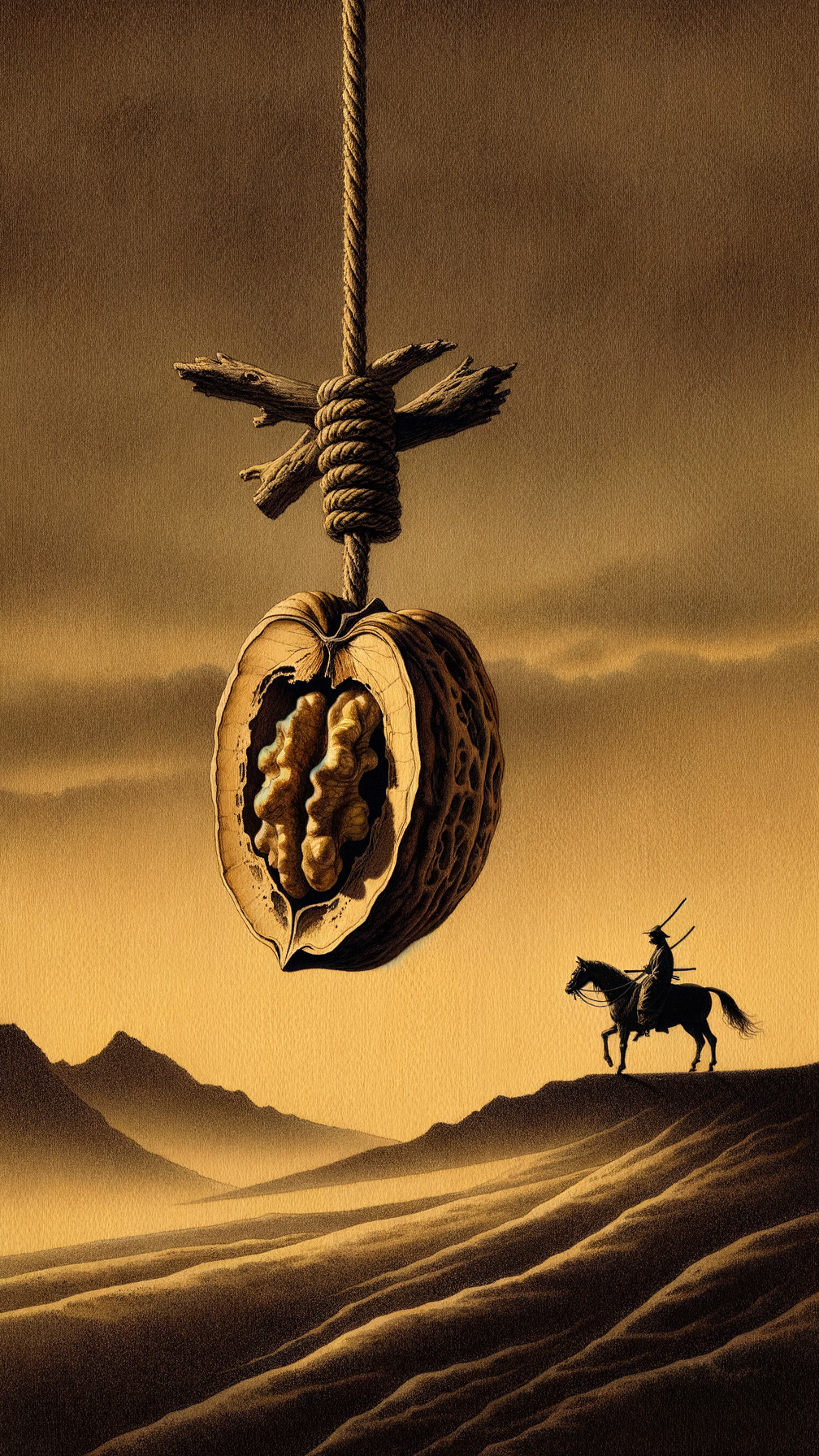 Surreal Landscape with Walnut and Horseman at Dusk