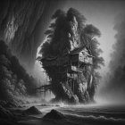 Rustic Wooden House on Rock Formation in Black and White