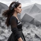 Young Woman in Black Outfit Against Surreal Backdrop