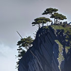 Watercolor Landscape of Cliff with Silhouetted Trees