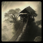 Rustic wooden house on rocky outcrop with misty waters