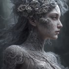 Serene Figure in Intricate Blue Feathered Attire
